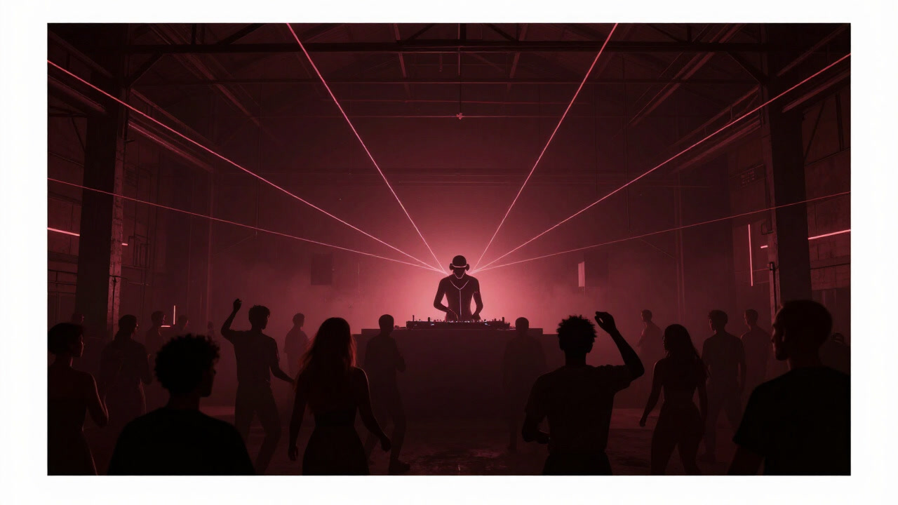 A dark club illuminated by vibrant laser beams, countless people dancing wildly at a techno party