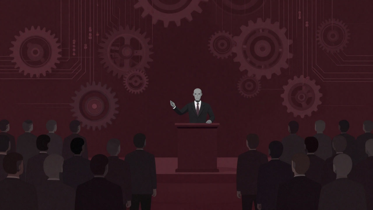歯車とコードに覆われた議場で、スーツを着たロボットが人々を指揮するイメージ