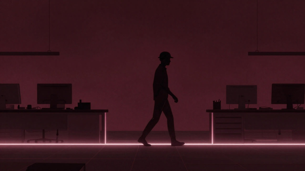An office scene in darkness with a glowing boundary line and a silhouetted engineer stepping over it