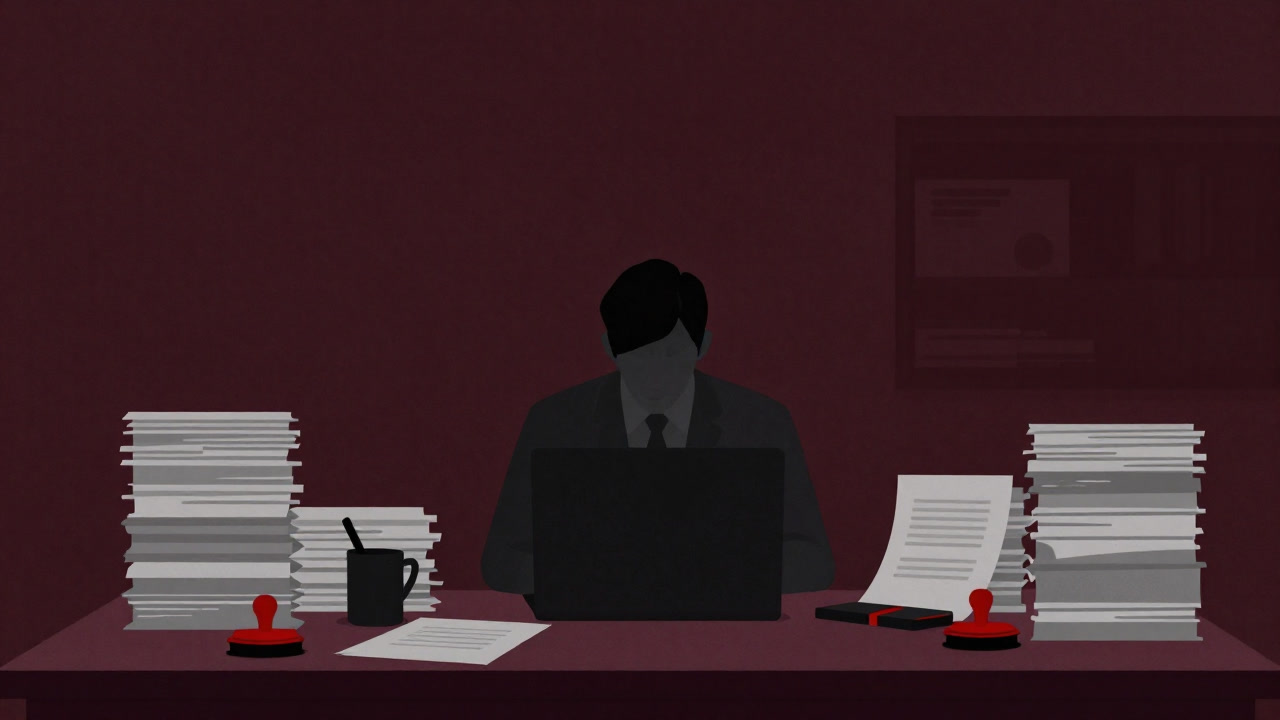 Silhouette of a businessman buried under piles of documents and stamp pads, looking exhausted