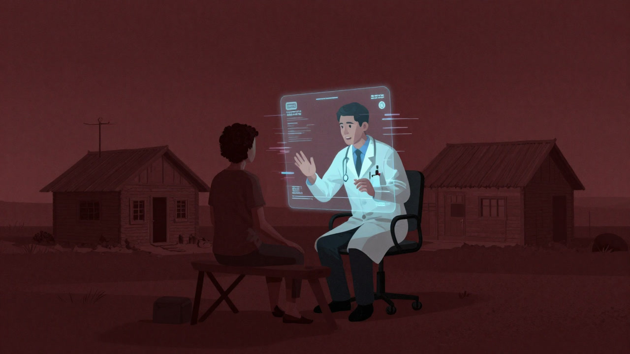 Illustration of an avatar doctor handing medication through a monitor