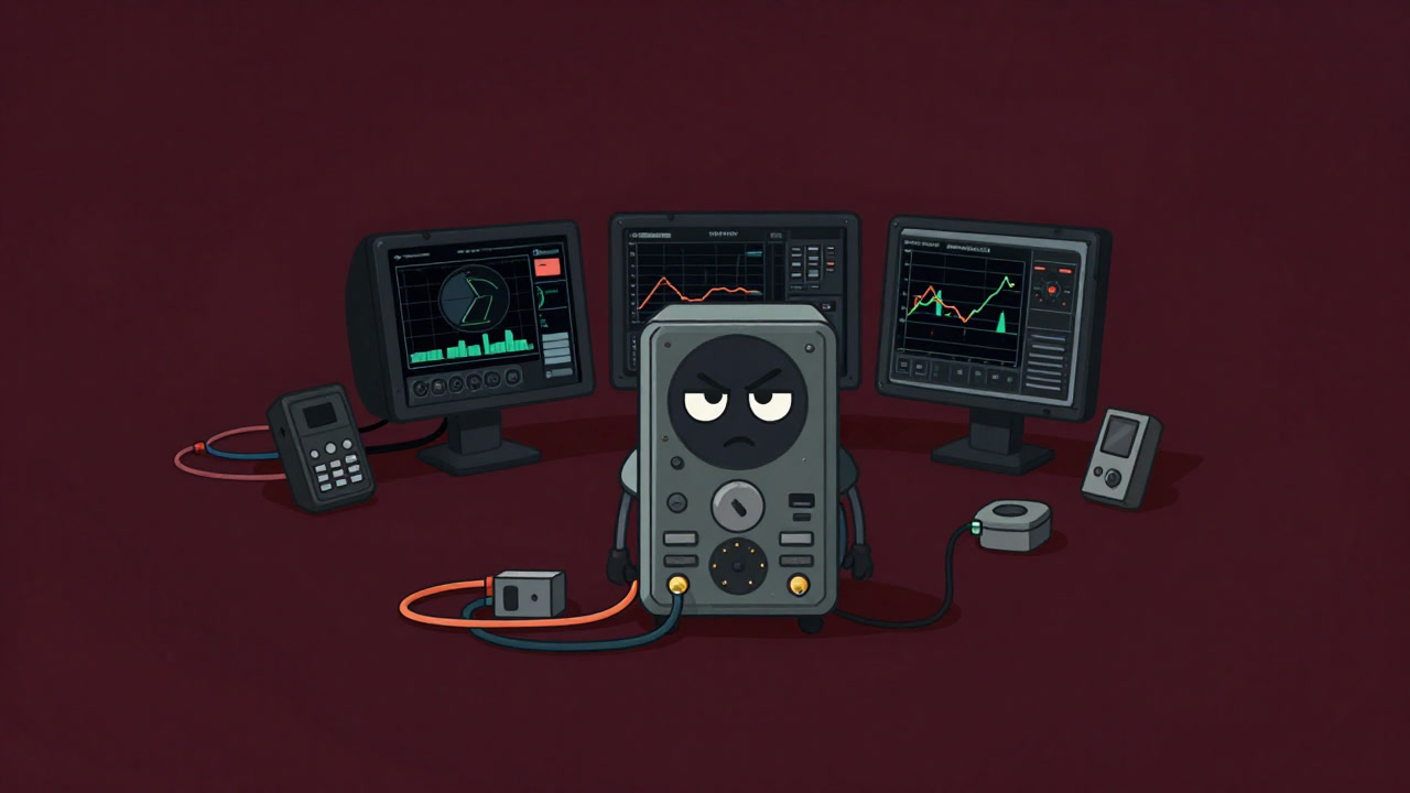 Illustration of a telemetry device surrounded by cables and sensors, frozen in front of screens full of graphs.