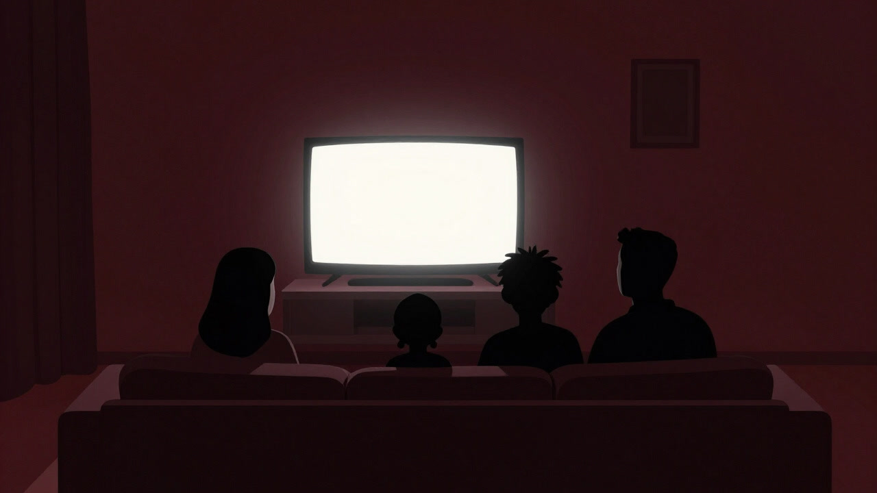 Silhouetted family seated on a couch, eyes irresistibly glued to a glowing screen