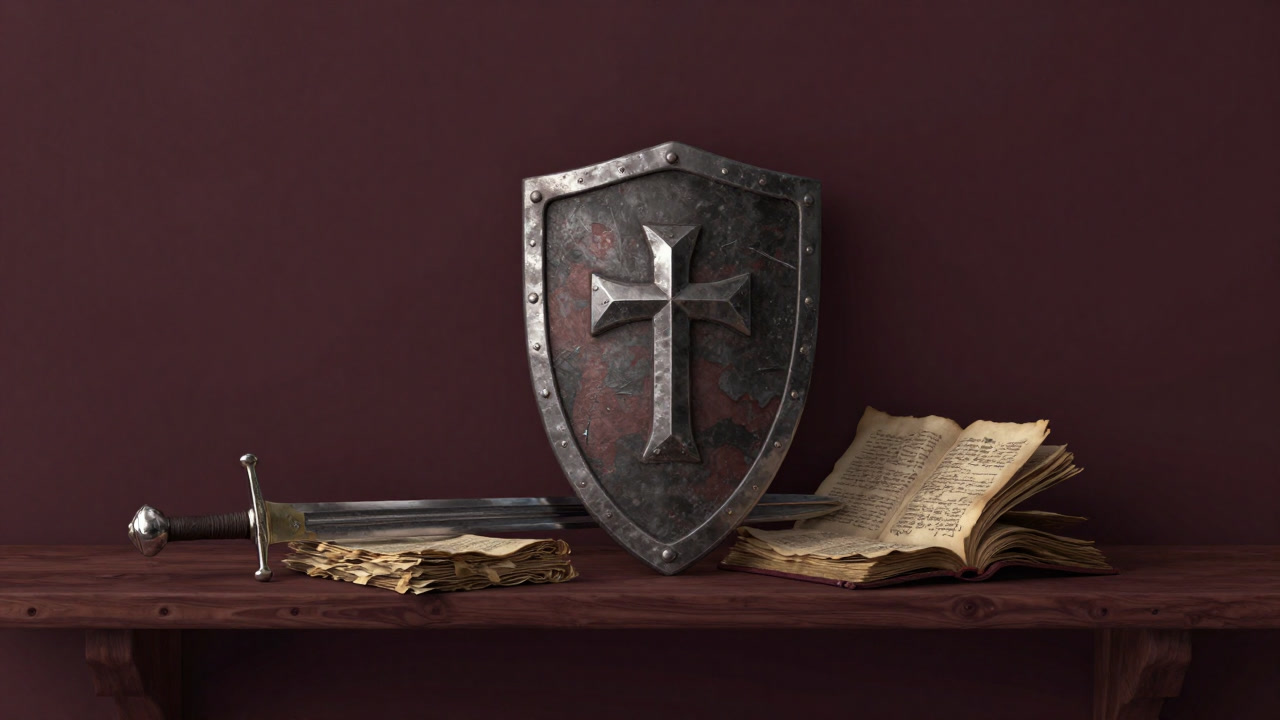 An aged sword and shield engraved with a cross, lying dusty and silent among ancient tomes.
