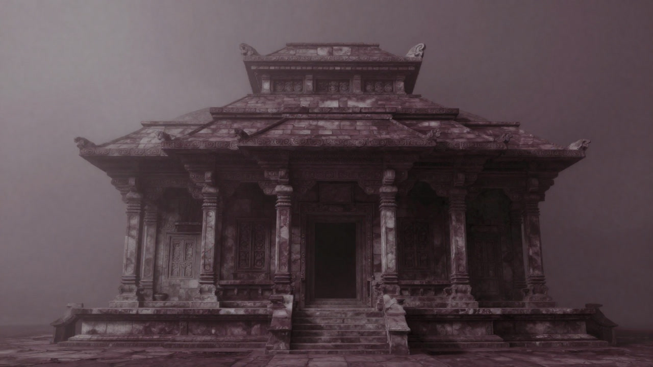 Image of an ancient stone temple shrouded in mist, standing ominously