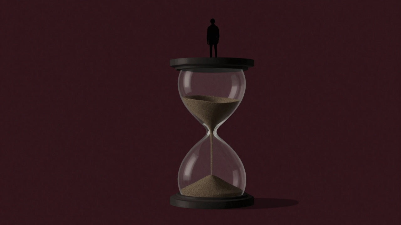 砂時計の上に立ち、時間の流れを見つめる人影