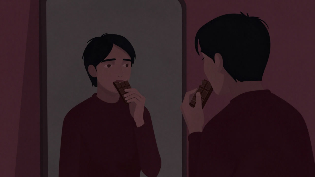 Silhouette of a person at night holding chocolate in front of a mirror, torn by inner conflict