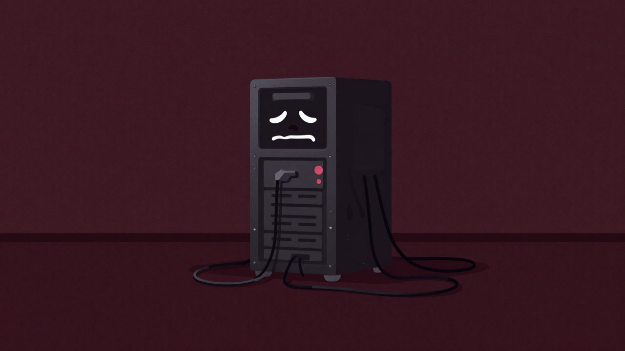 An anthropomorphic tensor computation character resembling a server in a dark room tangled in cables, crying out in despair.