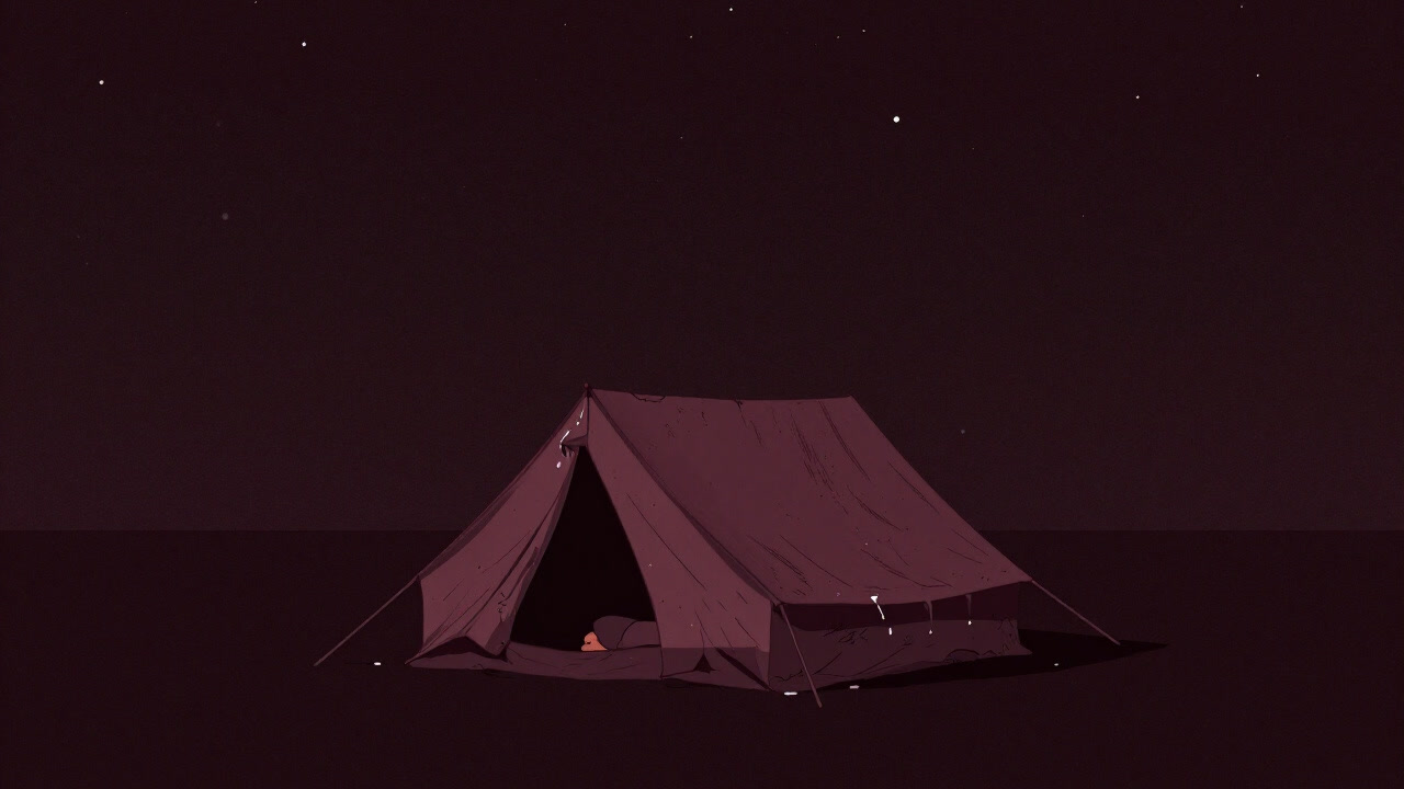 Silhouette of a person shrinking inside a leaky tent under starlight