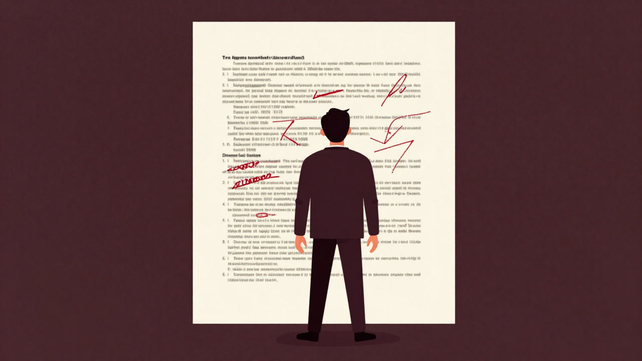 Illustration of an entrepreneur standing bewildered with arms raised in front of a term sheet covered in complex clauses and red annotations.