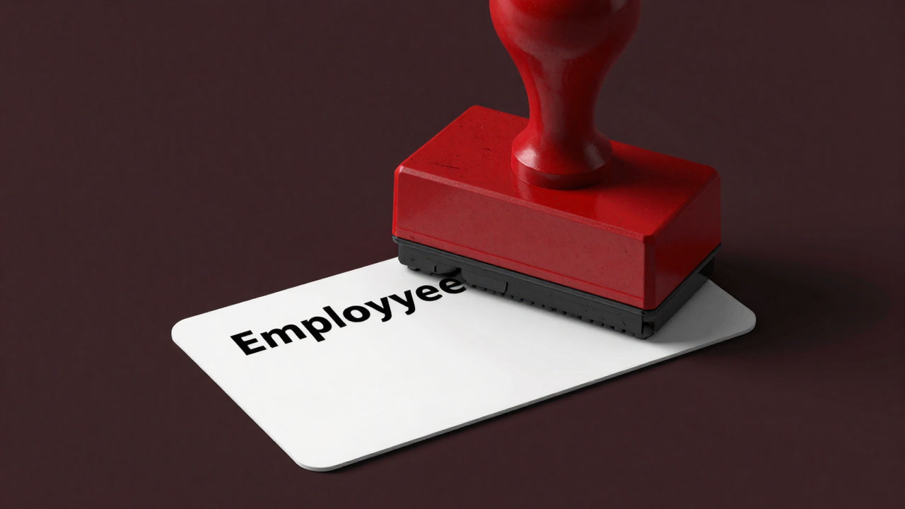 A heavy stamp crushing an employee ID badge.