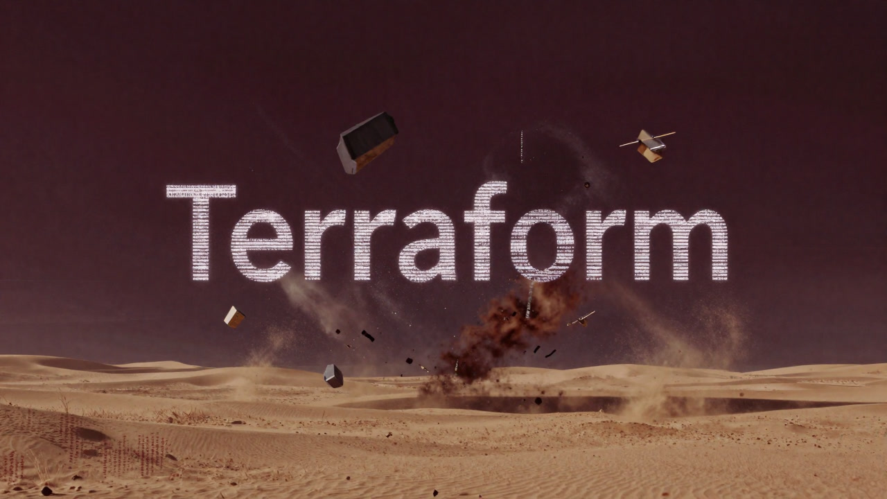 砂漠の中に浮かぶ巨大な文字列でできた宝石のようなTerraformロゴの画像
