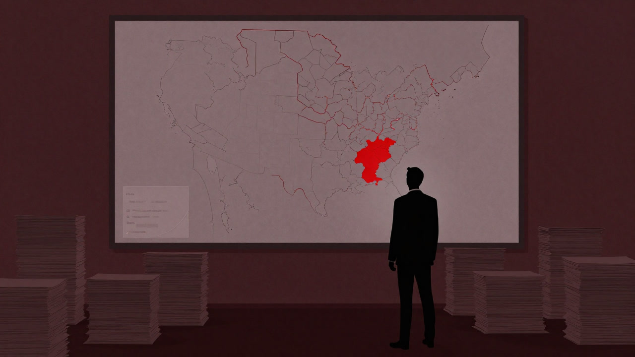 Silhouette of an employee staring at a red-outlined territory on a conference room map