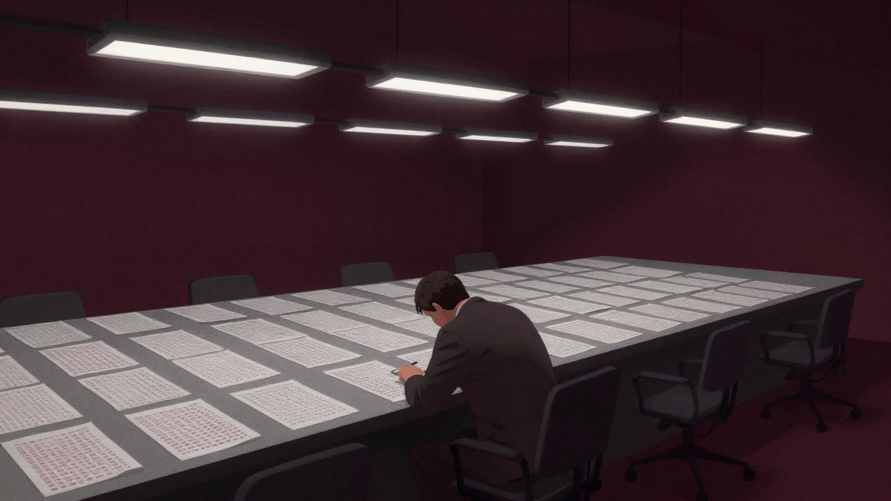 Illustration of a figure bowing before rows of countless answer sheets in an office