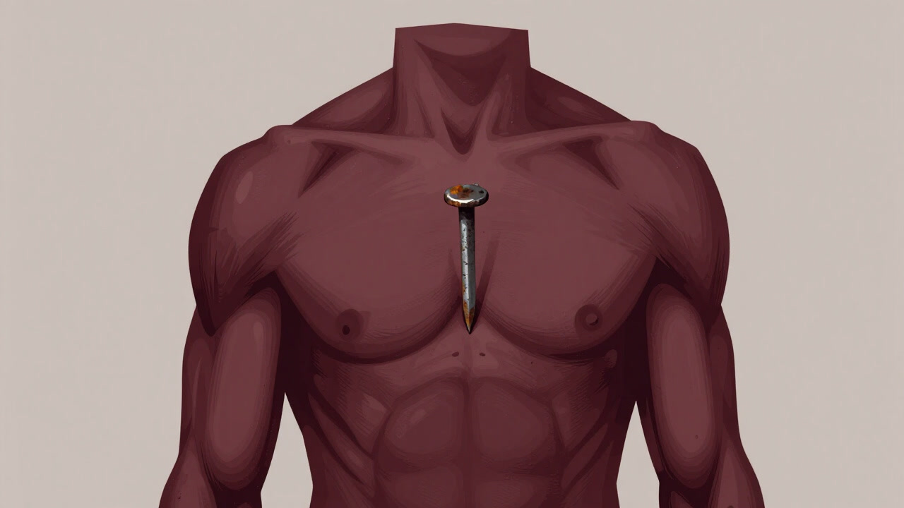 Illustration of a rusted nail piercing skin with tense muscles subtly highlighted