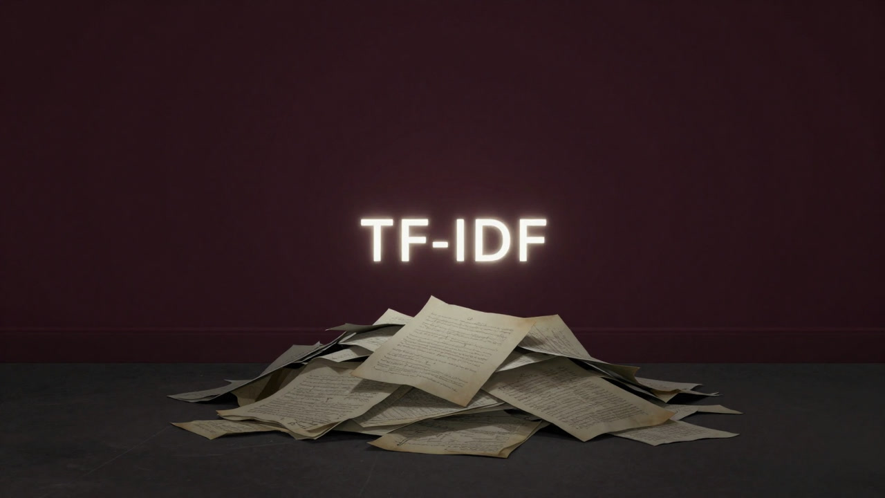 A glowing TF-IDF formula buried under piles of papers, looking sad.