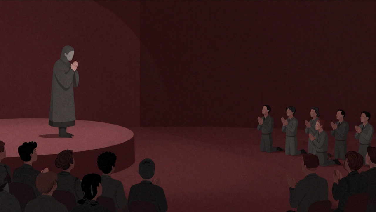 ステージで拍手する群衆の前で神に祈りを捧げる人々のイラスト