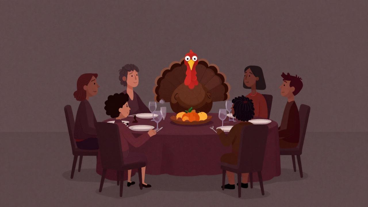 家族と七面鳥が食卓を囲み、静かな緊張感が漂うシーンのイラスト