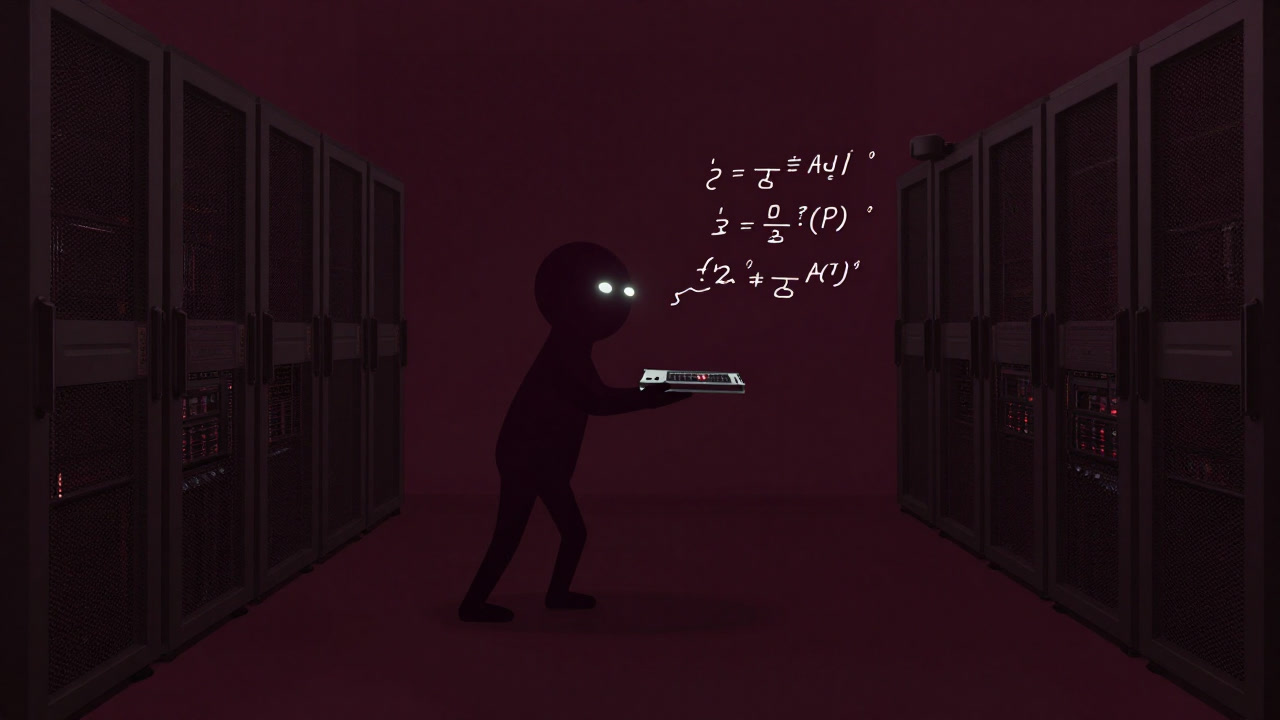 An uncanny depiction of the Theano logo and a GPU staring at each other in a dimly lit data center