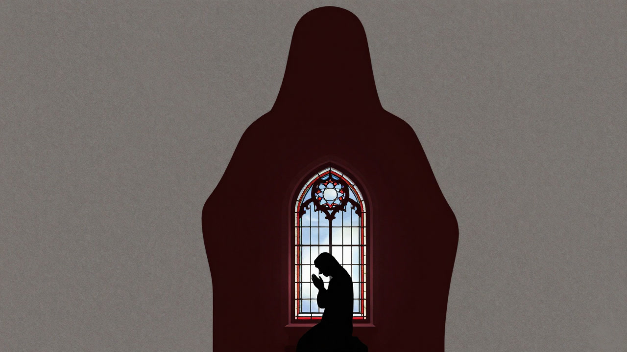教会のステンドグラスに映る小さな祈る影と無表情の神のシルエットのイラスト