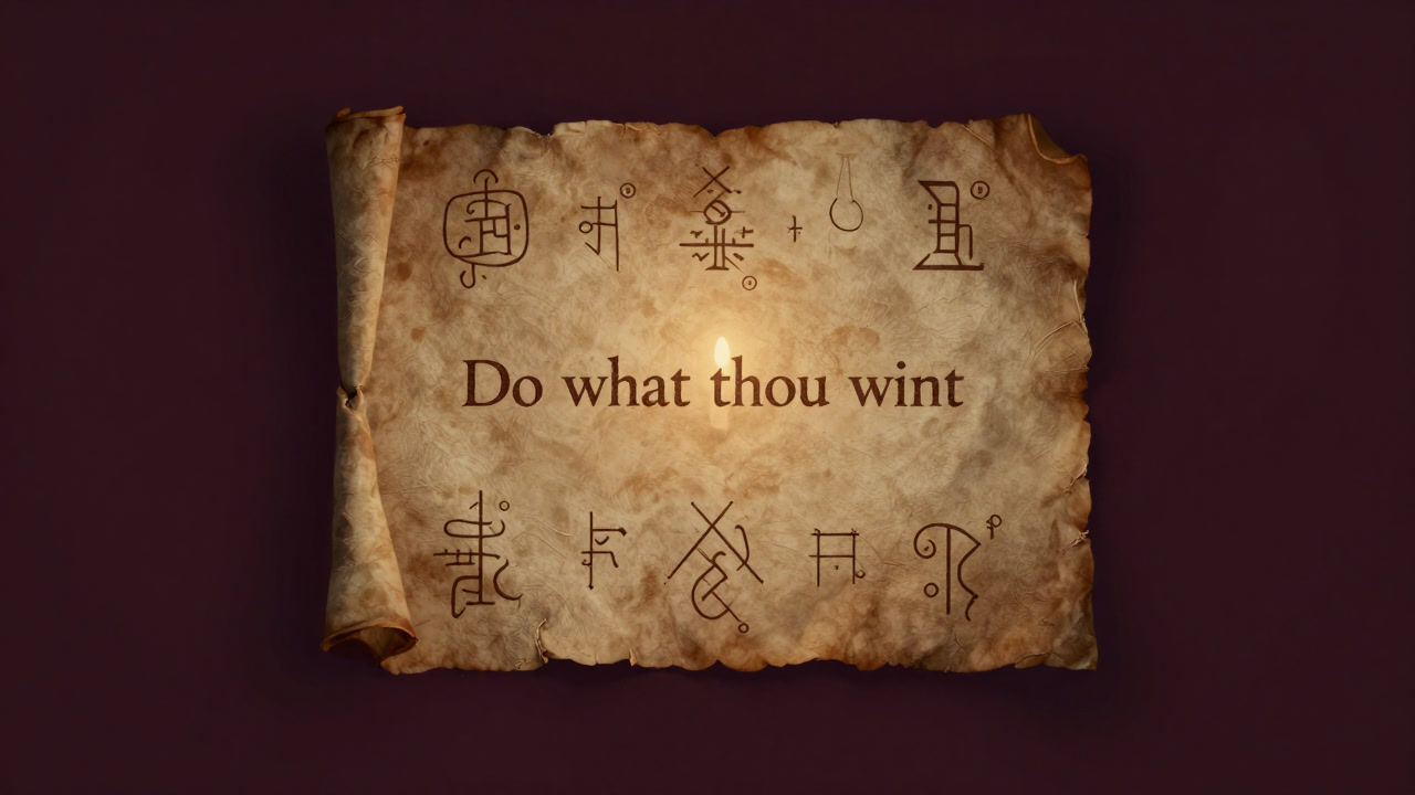 Image of ancient parchment inscribed with 'Do what thou wilt' and strange magical sigils.