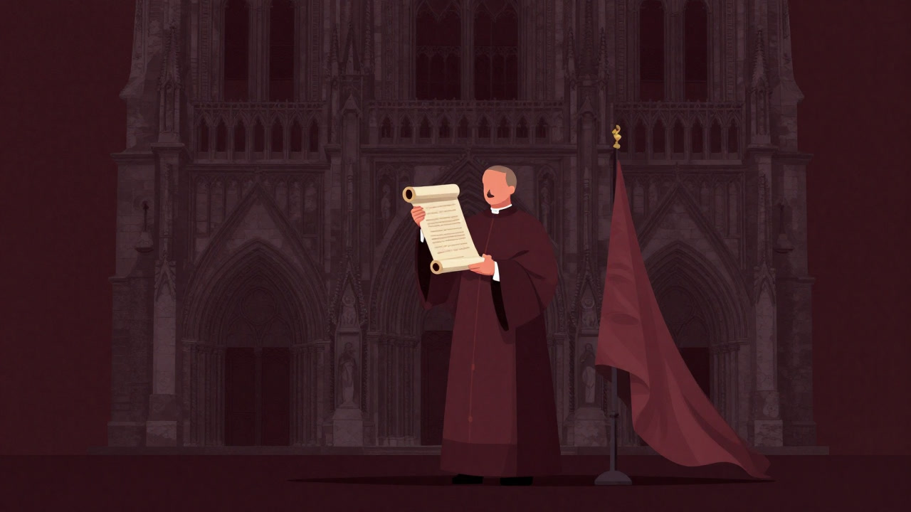 Illustration of a priest holding a constitution aloft like a sacred text, with a grand cathedral and fluttering national flag in the background