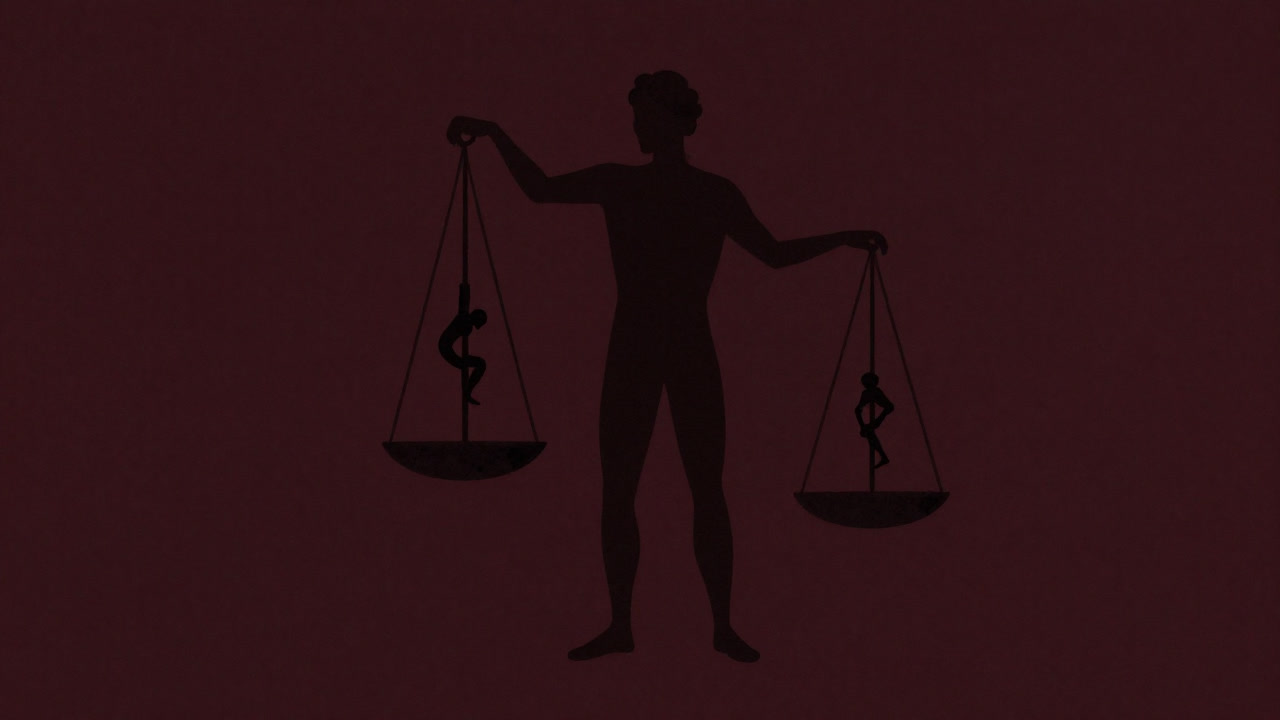 Silhouette of a figure questioning God, balancing sorrow and omnipotence attributes on scales.