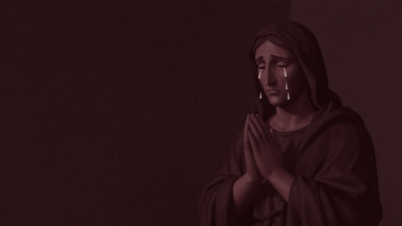 An illustration of a deity statue shedding tears while in a prayer pose