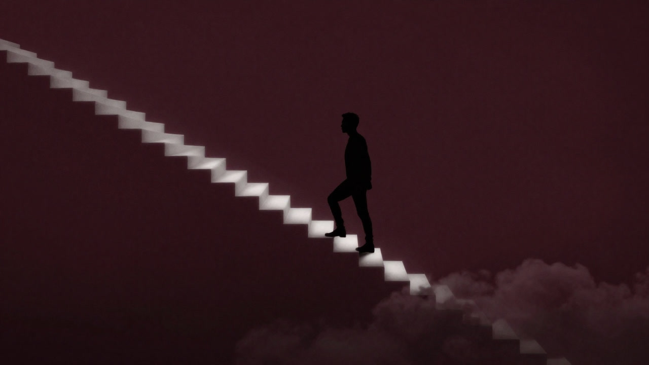 光の階段を昇る人影が神性へ向かう様子