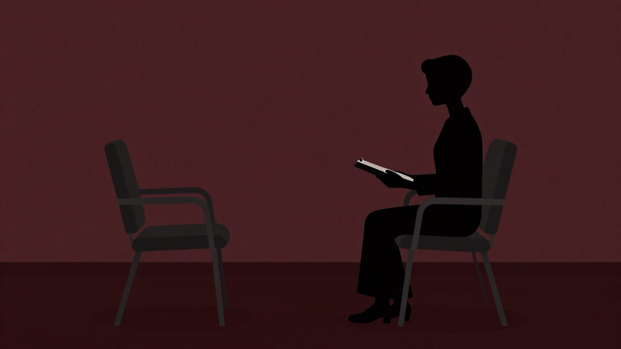 暗い部屋で椅子に座り、無言でノートを構えたセラピストのシルエット