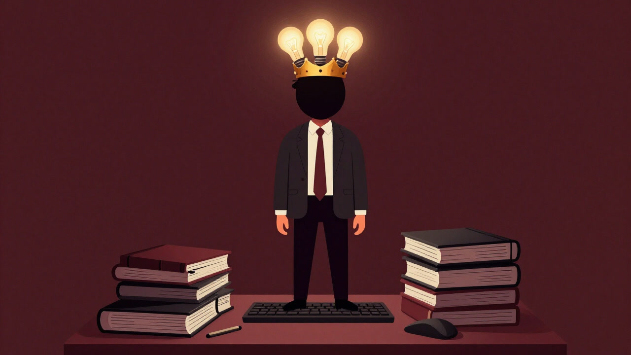 机上に散らばるキーボードとメモ帳の山の上に空想でできた王冠を乗せて偉そうにそびえ立つ人物のイラスト