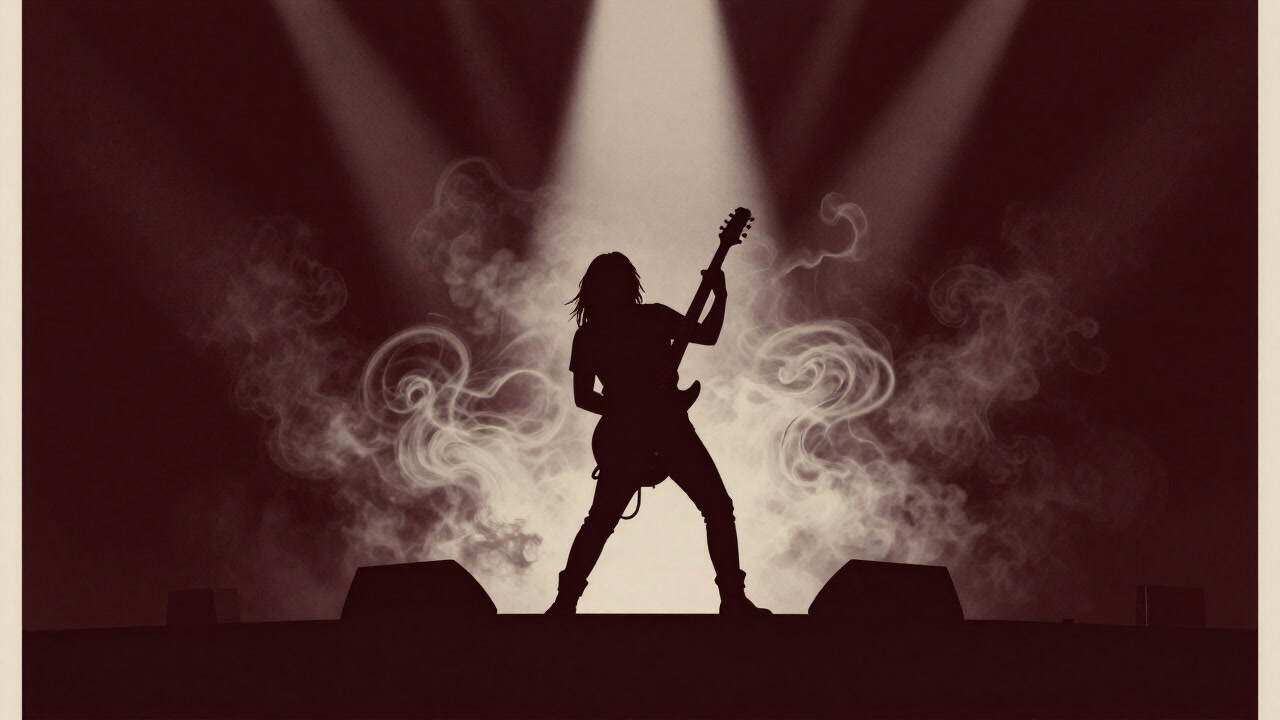 Silhouette of a guitarist wielding a guitar on a dark stage