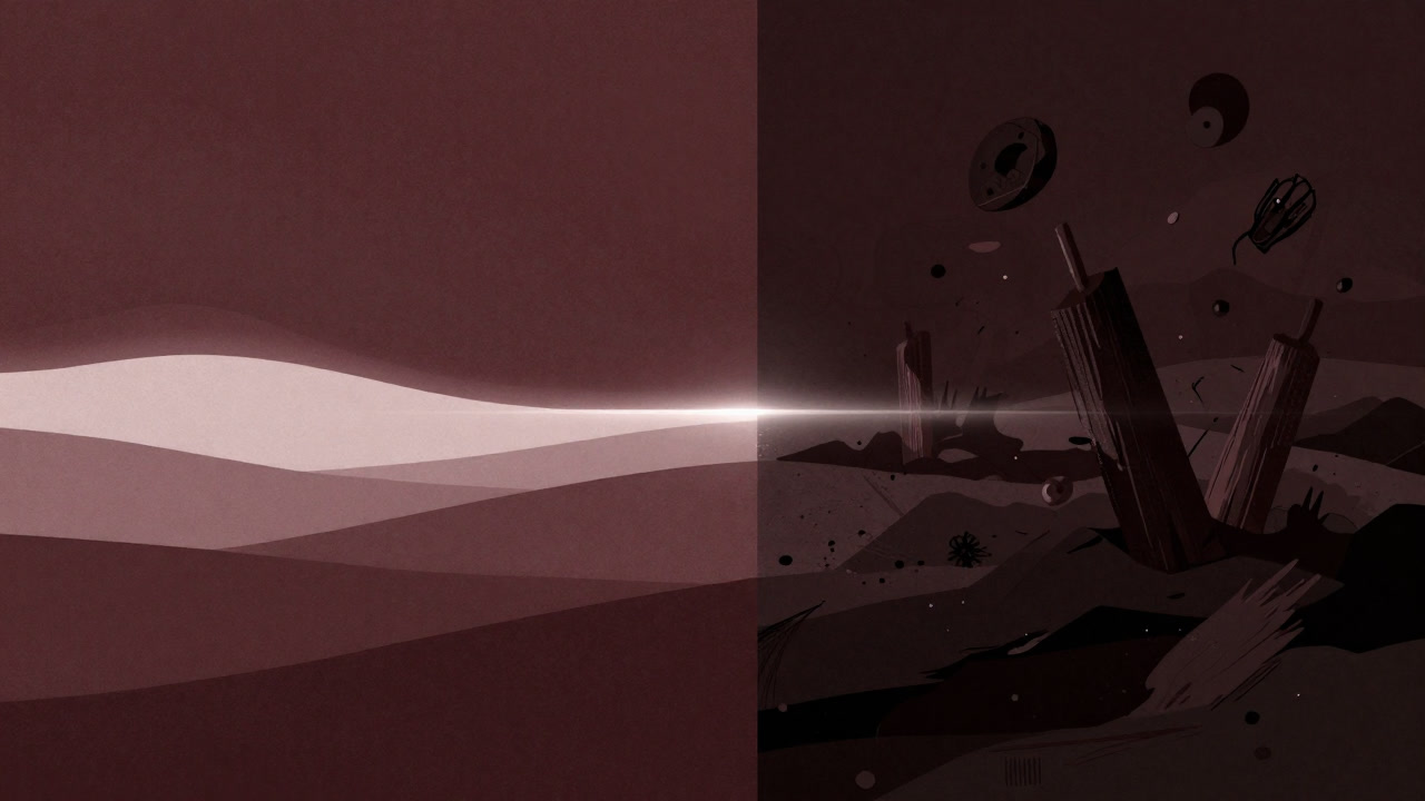 光る一筋の線が明るい世界と暗い世界を分かつシュールなイラスト