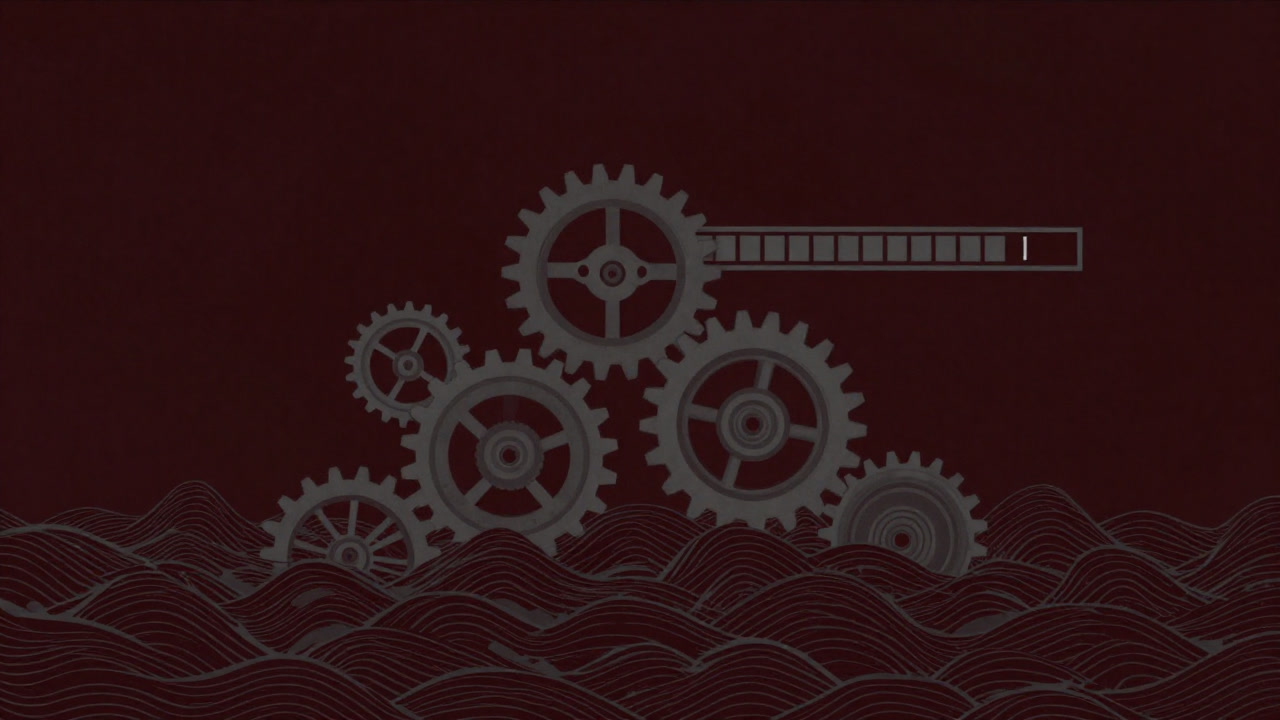 Illustration of gears and numeric bars about to be swept away by a wave of traffic