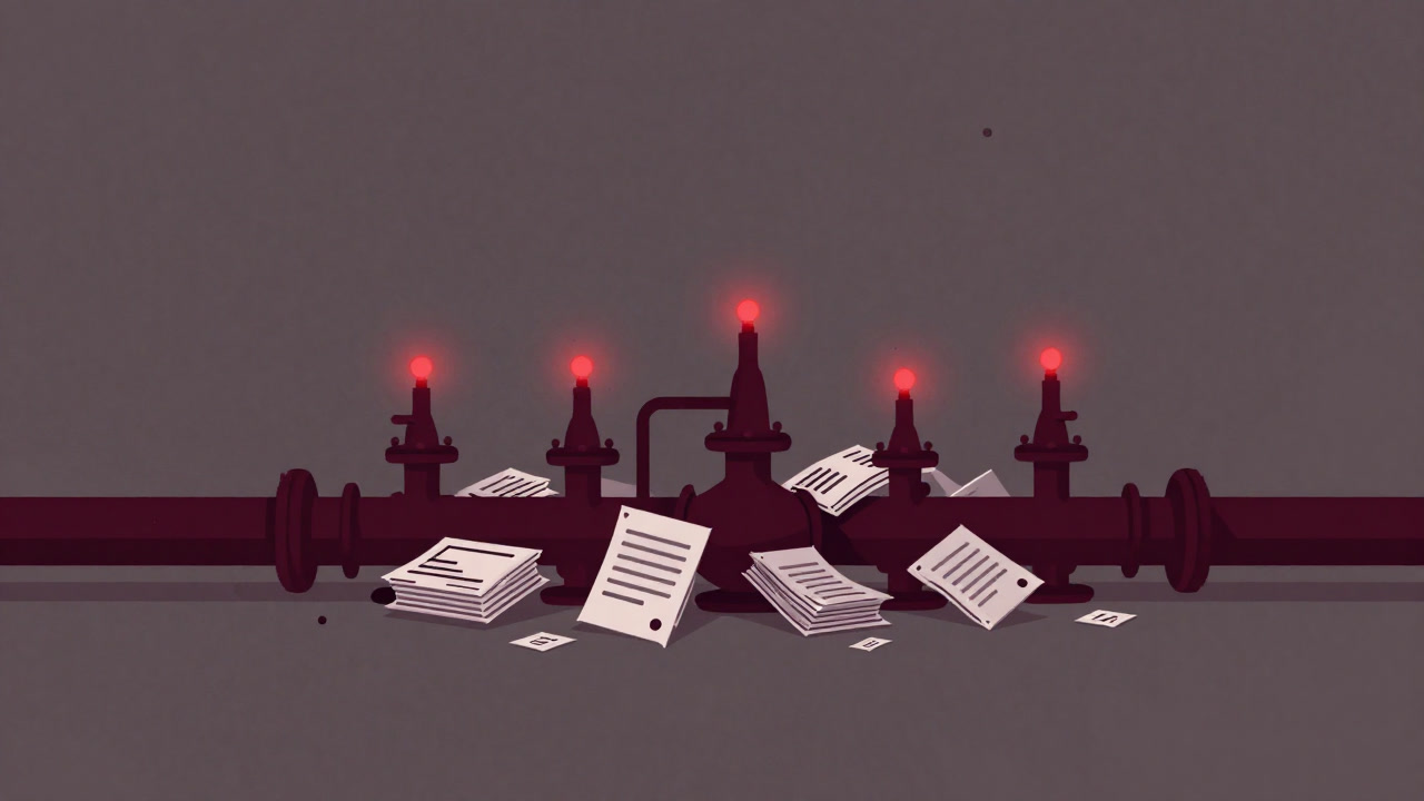 Illustration suggesting a data pipeline traffic jam with blinking red lights in fury