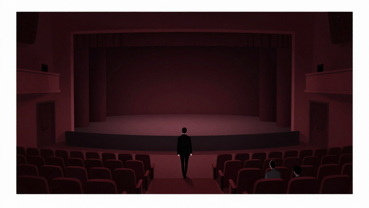 A narrow stage projecting into the audience at a theater center, with actors moving among spectators creating tense atmosphere