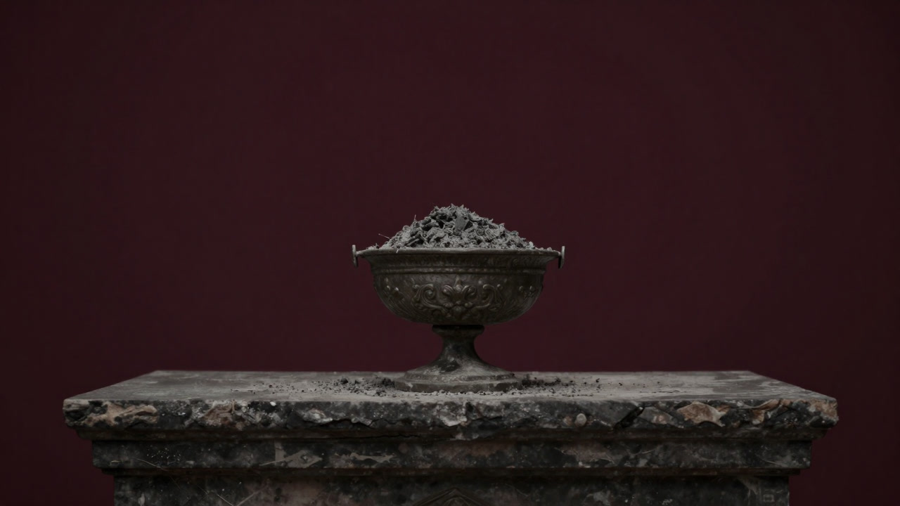 古ぼけた香炉が灰とともにさび付いた祭壇の上に置かれている写真