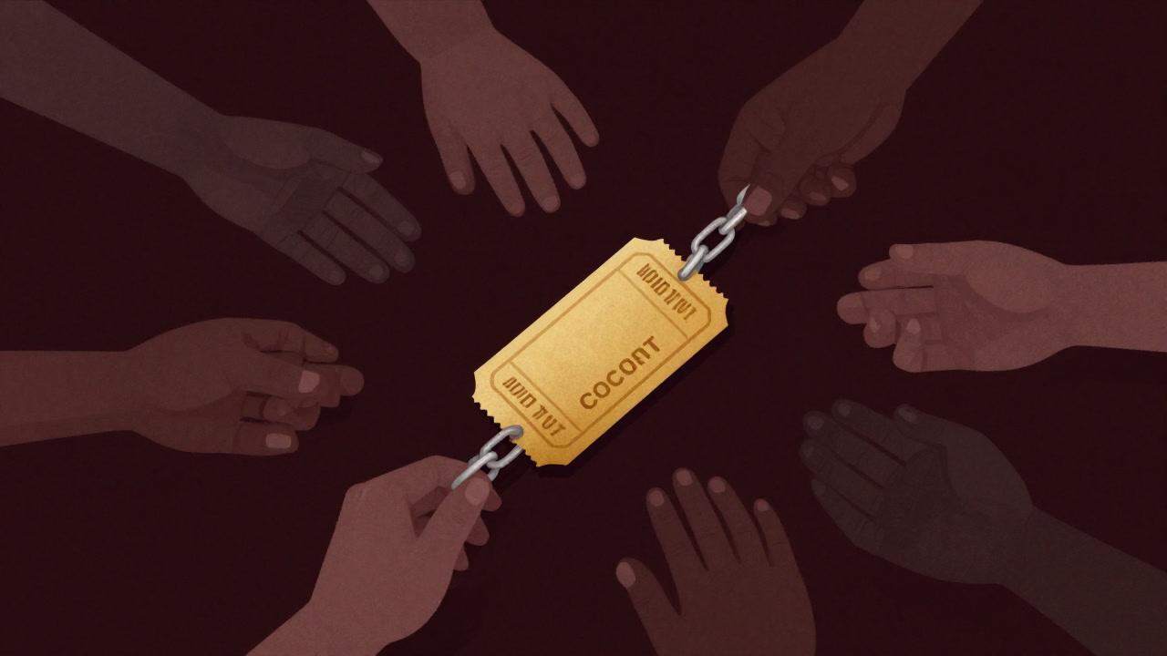 Illustration of a single ticket chained with multiple hands fighting to claim it.