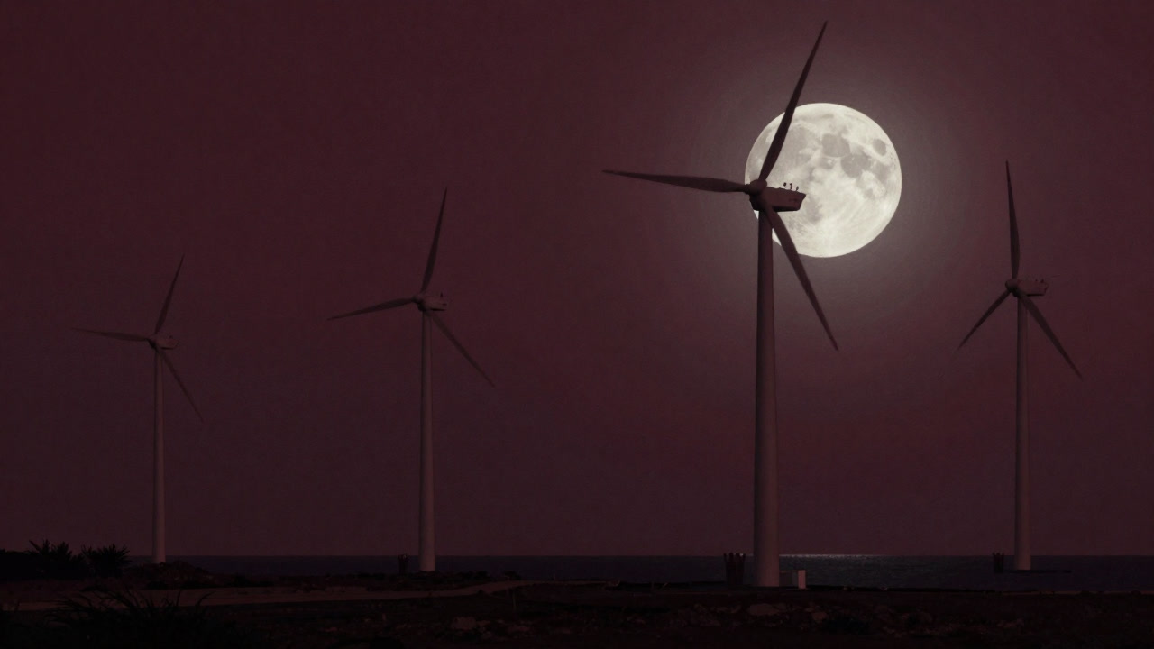 夜の海岸で巨大なタービンが月光を浴び、まるで月の命令を待つ兵士のように静止する風景