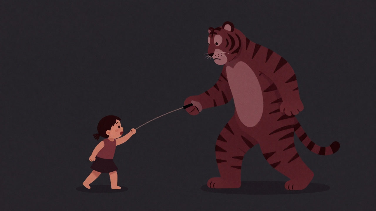 虎の着ぐるみを着て、子供に鞭を振るう親のイラスト