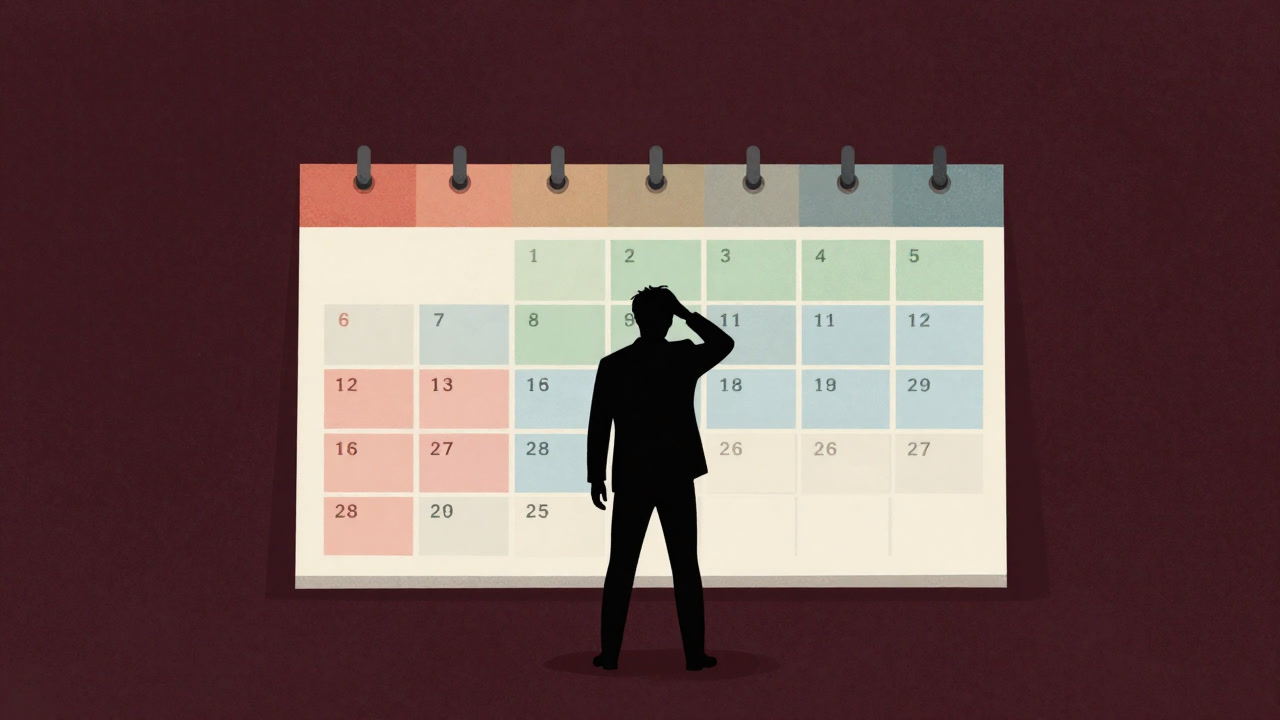 Silhouette of a business person standing stunned before a colorful calendar segmented by time blocks