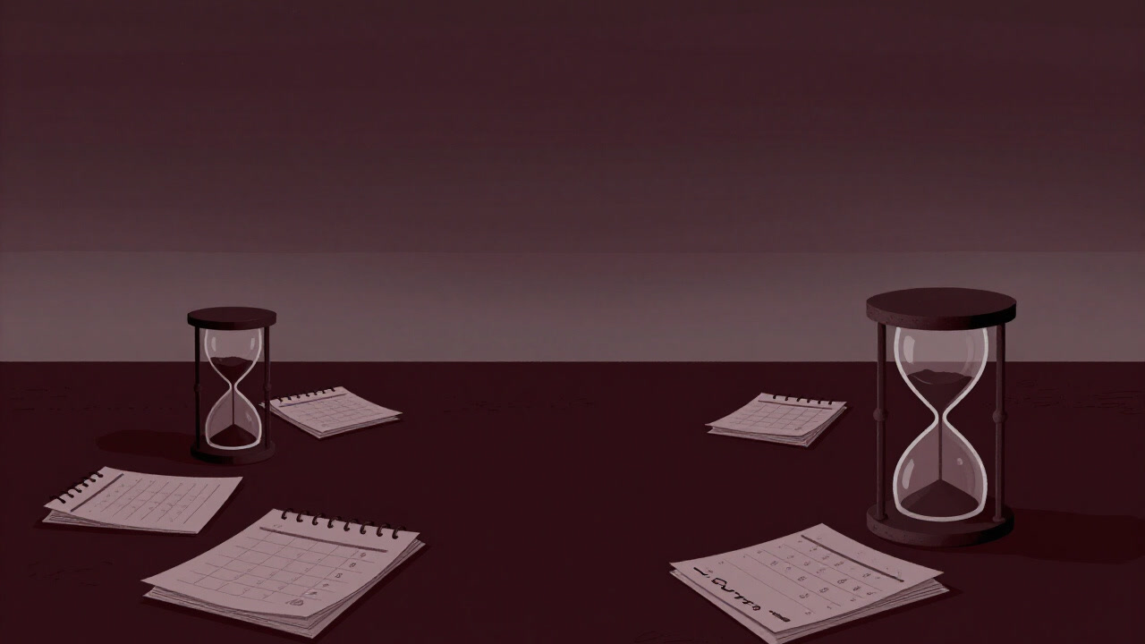 Illustration of scattered hourglasses on a desk with an invisible future horizon fading in the distance