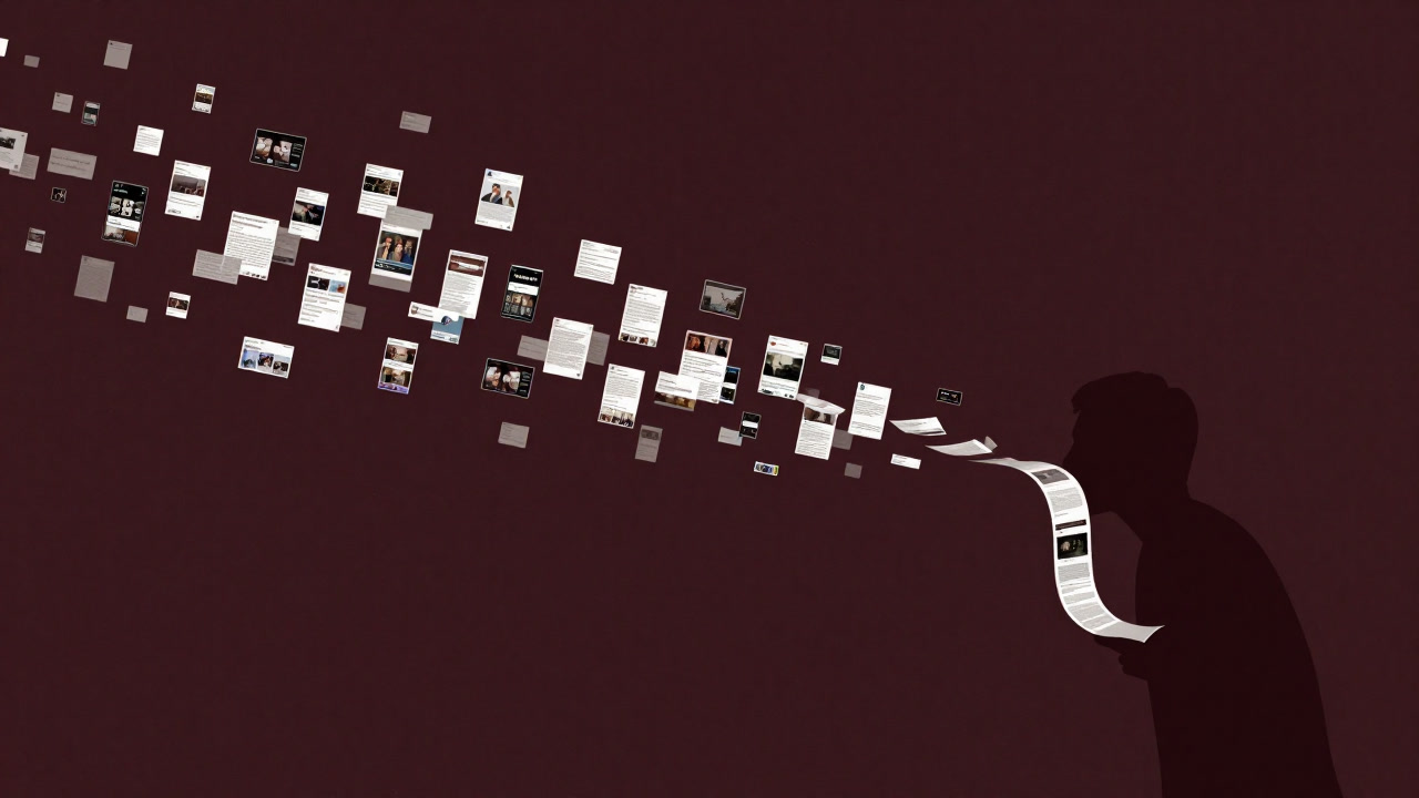 Silhouette of a person being swallowed by endless scrolling with countless floating posts