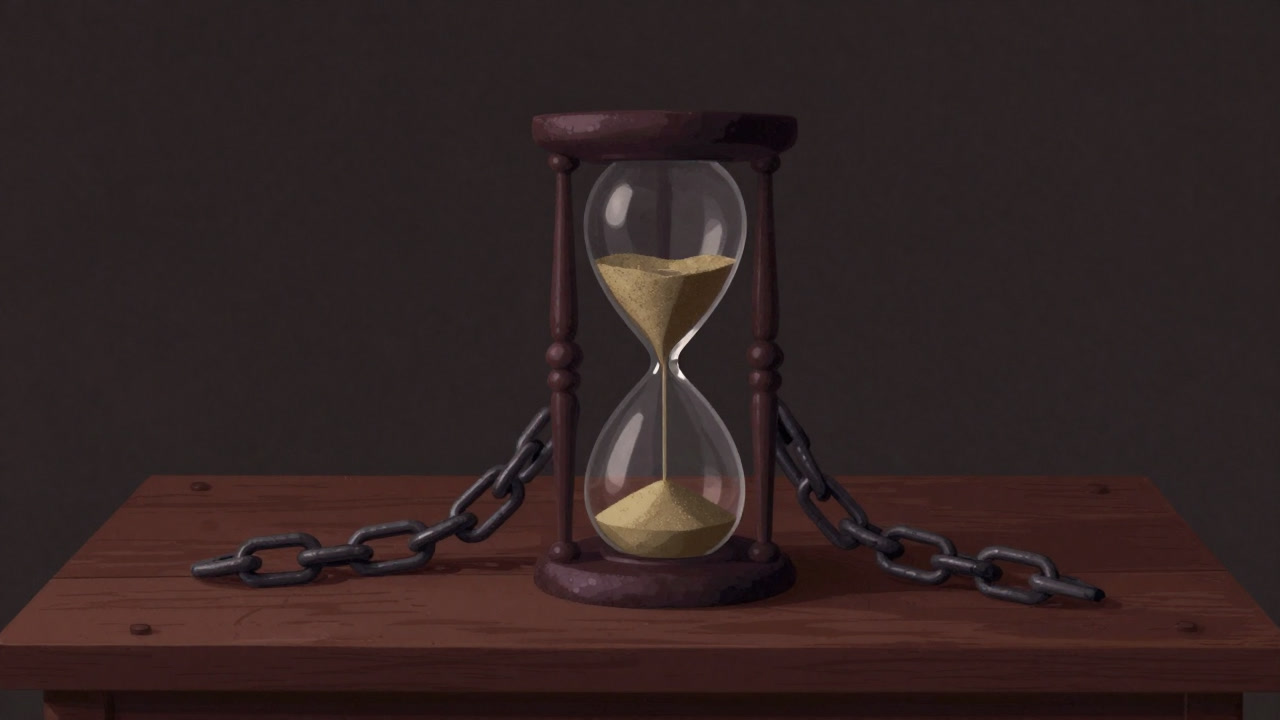 Illustration of an antique hourglass shackled with chains, trapped with no escape