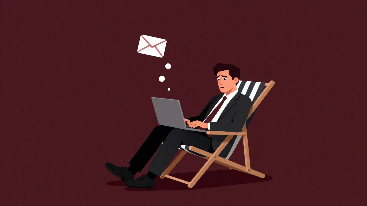 Illustration of a businessman sitting on a beach chair opening a laptop, flinching at incoming emails