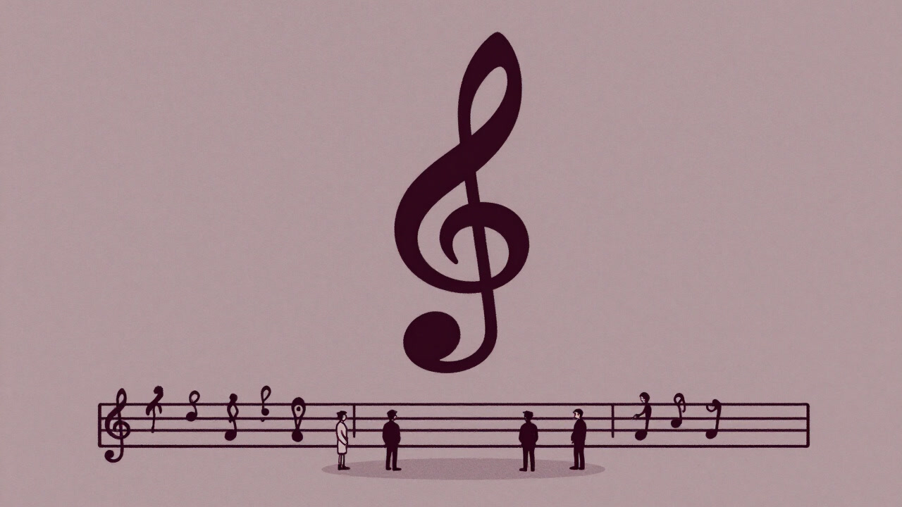 五線譜上に浮かぶ数字が冷酷に演奏者を見下ろすイラスト