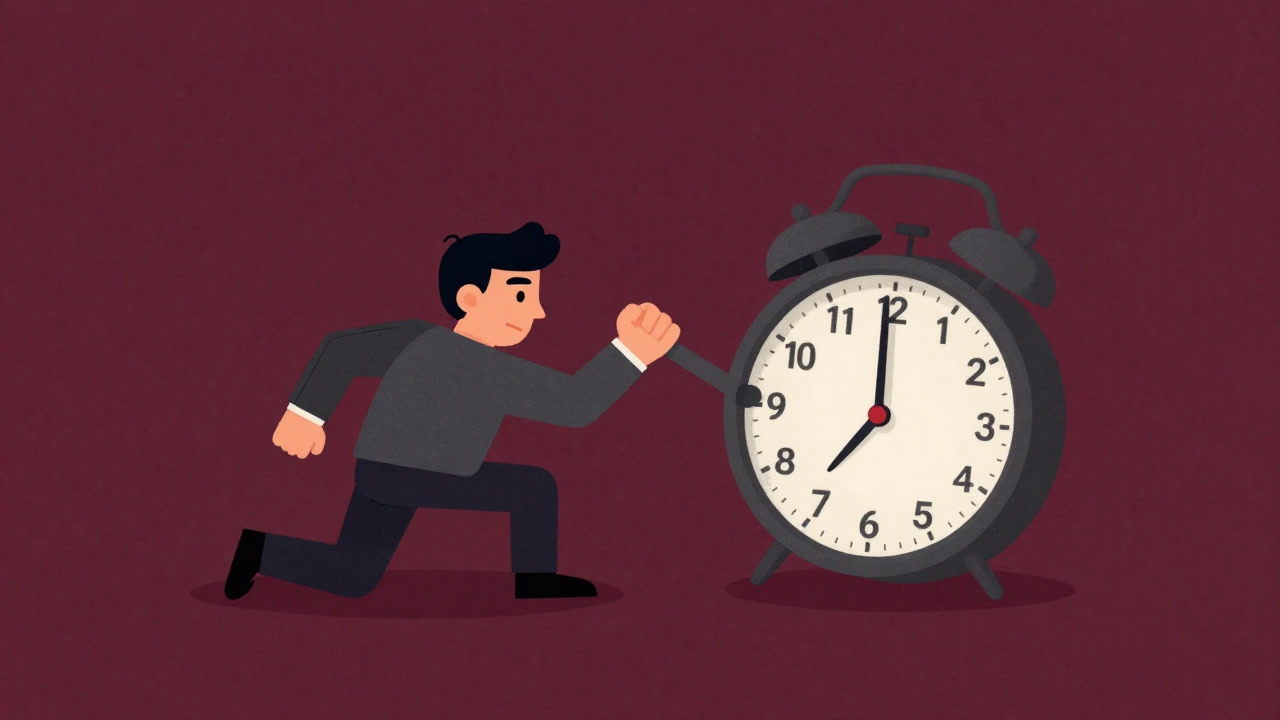 A comical illustration of a person arm-wrestling with a clock in a relationship match.