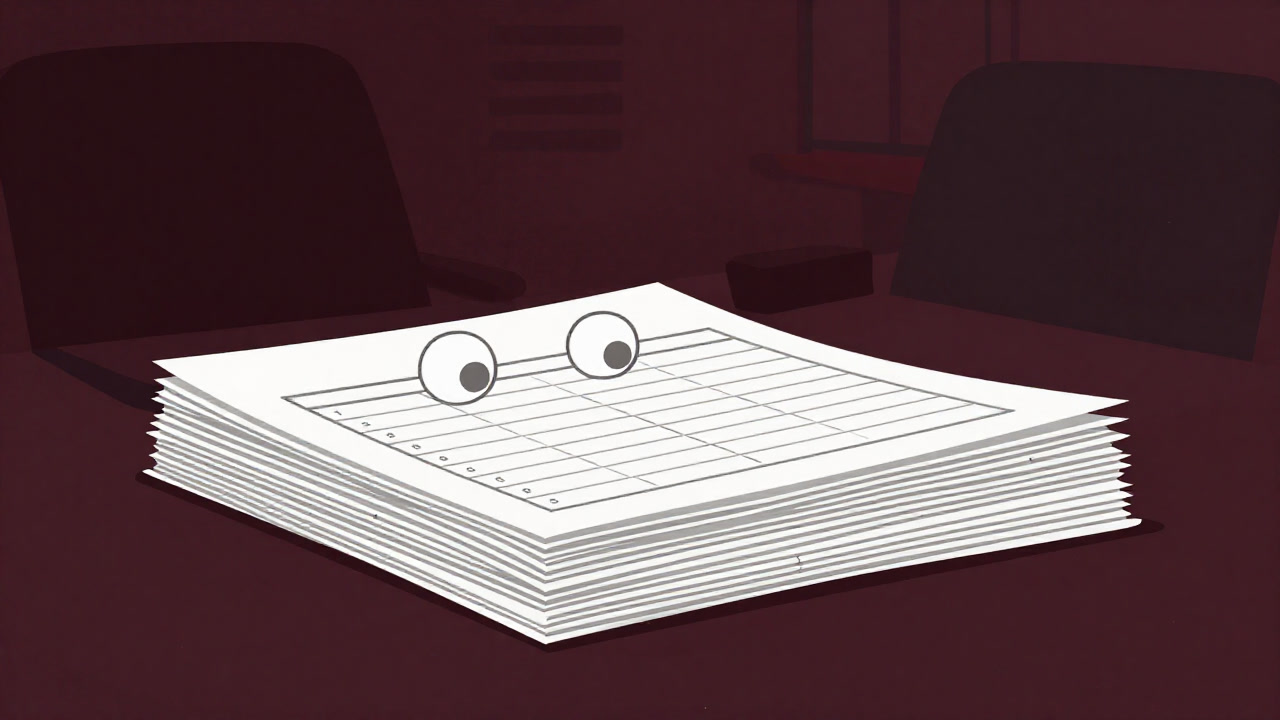 An illustration of a stack of timesheets on a desk staring blankly at the viewer