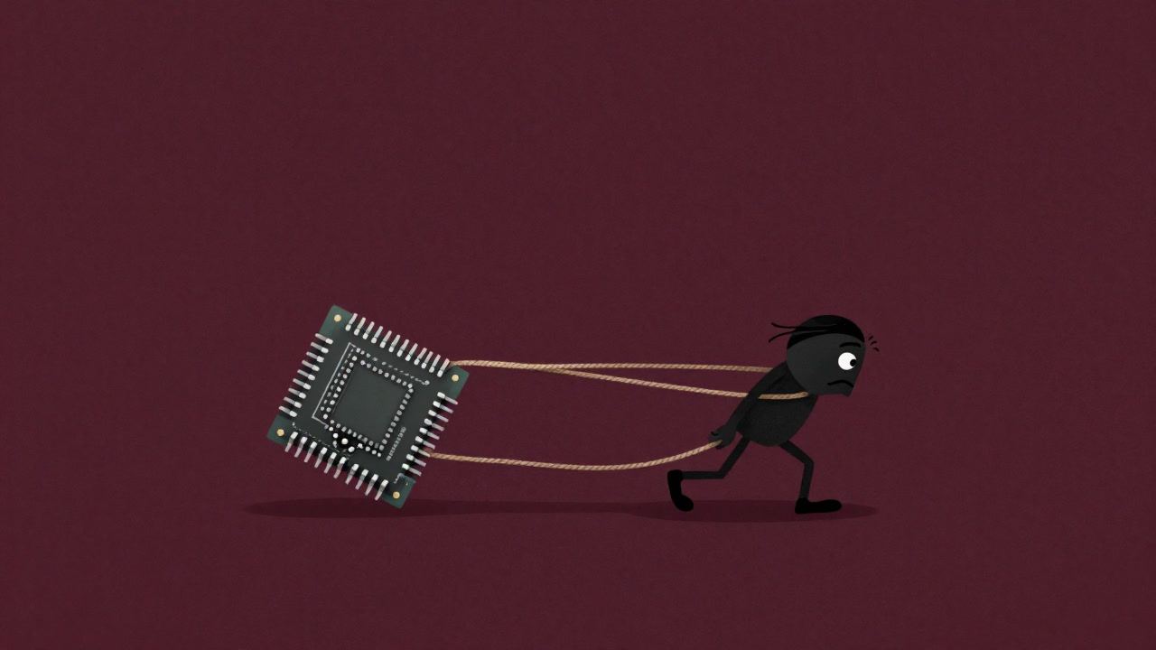 Illustration of a tiny microcontroller carrying harvested power on its shoulders while dragging a TinyML model