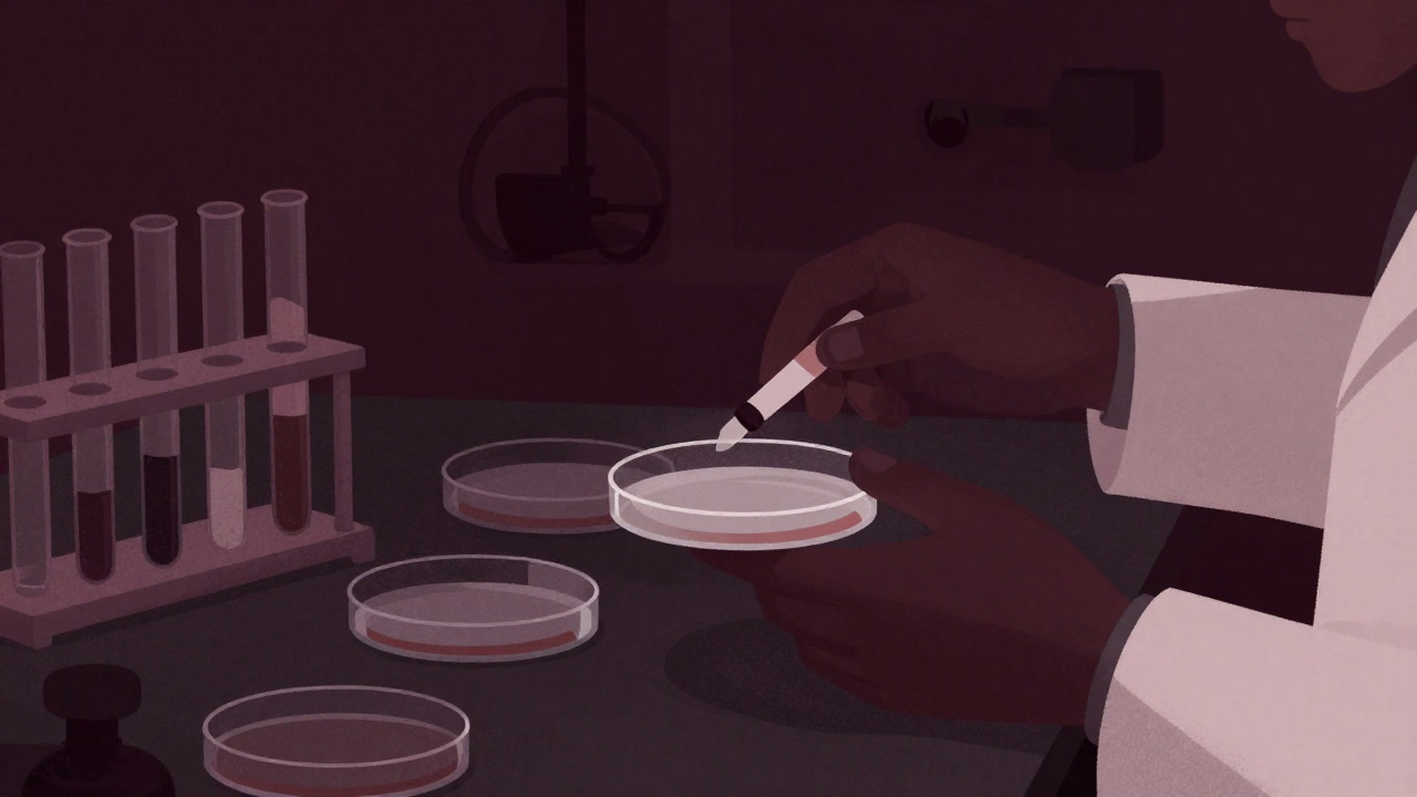 Close-up of researcher's hands surrounded by test tubes and petri dishes
